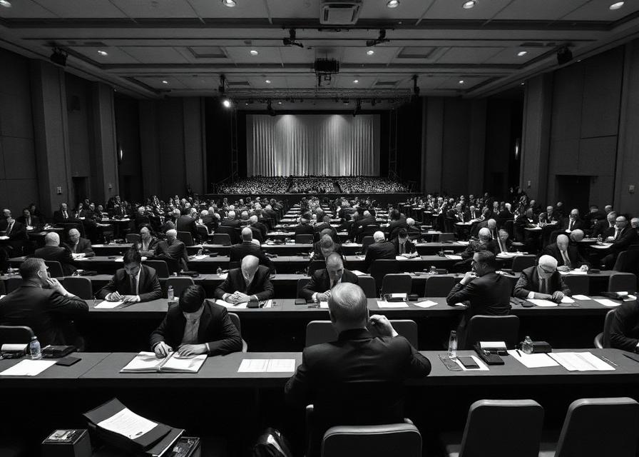 A packed conference room of lawyers